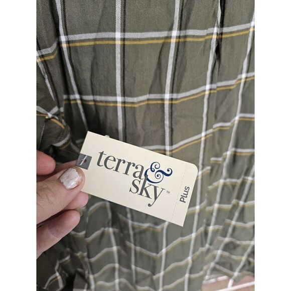NEW Terra & Sky Olive Green Flannel Shirt Embroidery Flower Plaid Plus Sz 0x 14w - Picture 5 of 6